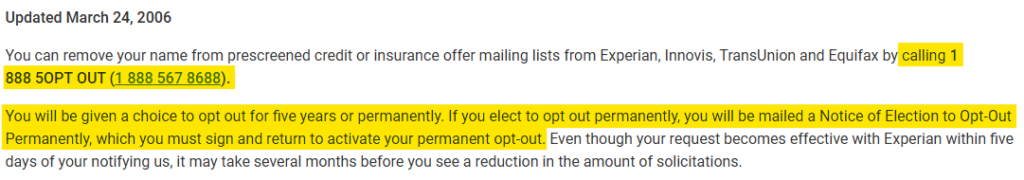 Experian information on how to opt out of preapproved offers