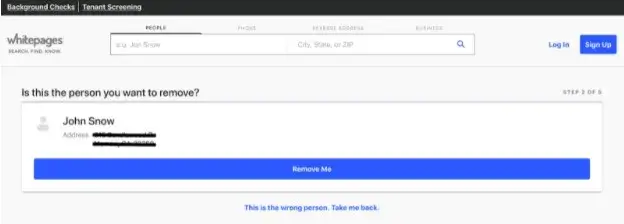 Confirming Whitepages listing and asking to be removed